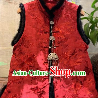 China Embroidered Goldfish Cotton Wadded Vest Tang Suit Red Silk Waistcoat National Female Clothing