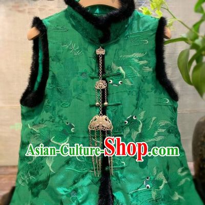 China National Female Clothing Embroidered Goldfish Cotton Wadded Vest Tang Suit Green Silk Waistcoat