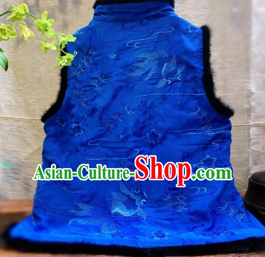 China Tang Suit Royalblue Silk Waistcoat National Winter Clothing Embroidered Goldfish Vest China Tang Suit Royalblue Silk Waistcoat National Winter Clothing Embroidered Goldfish Vest