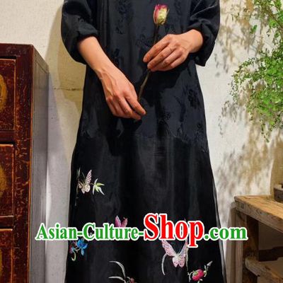 Chinese Traditional Embroidered Butterfly Long Qipao Dress National Black Silk Cheongsam Clothing