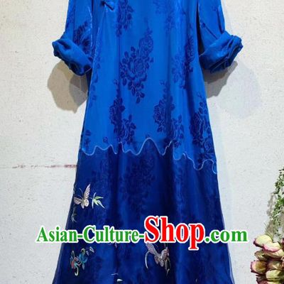 Traditional Chinese Embroidered Butterfly Long Qipao Dress National Clothing Royalblue Silk Cheongsam