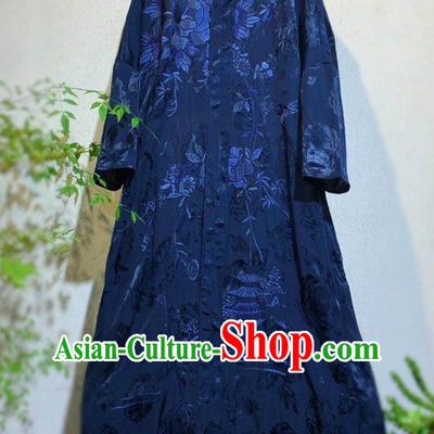 Chinese Embroidered Long Qipao Dress Traditional Navy Blue Silk Cheongsam National Clothing