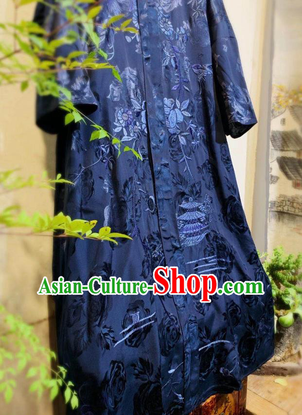 Chinese Embroidered Long Qipao Dress Traditional Navy Blue Silk Cheongsam National Clothing Chinese Embroidered Long Qipao Dress Traditional Navy Blue Silk Cheongsam National Clothing