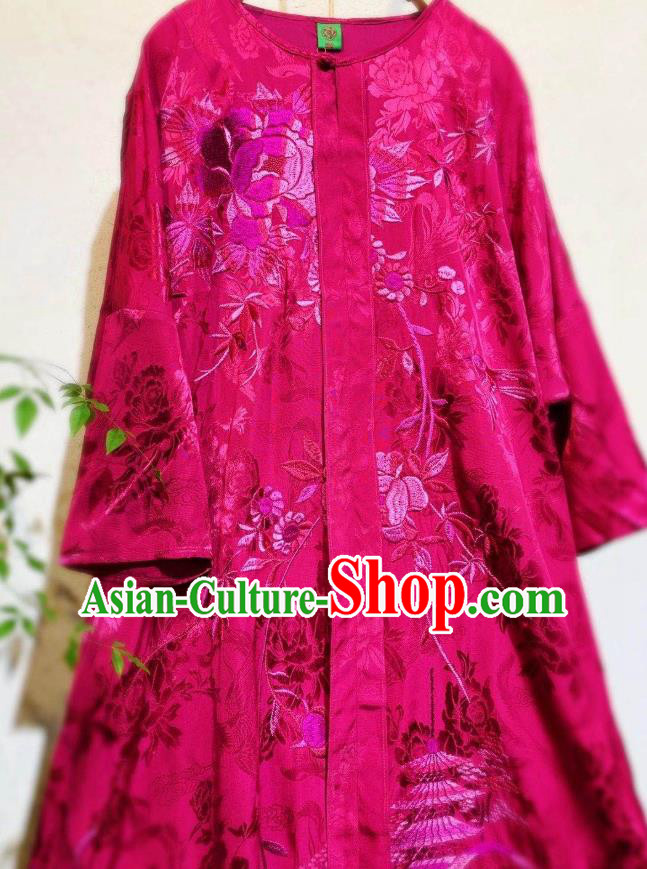Chinese Traditional Rosy Silk Cheongsam National Clothing Embroidered Long Qipao Dress Chinese Traditional Rosy Silk Cheongsam National Clothing Embroidered Long Qipao Dress
