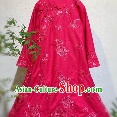 Chinese National Clothing Embroidered Rosy Flax Qipao Dress Traditional Round Collar Cheongsam