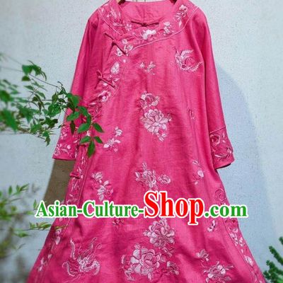 Chinese Embroidered Pink Flax Qipao Dress Traditional Round Collar Cheongsam National Clothing