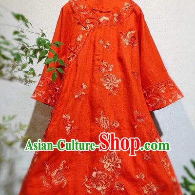Chinese National Woman Clothing Embroidered Orange Flax Qipao Dress Traditional Round Collar Cheongsam