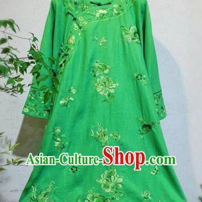 Chinese Traditional Embroidered Round Collar Cheongsam National Woman Clothing Green Flax Qipao Dress