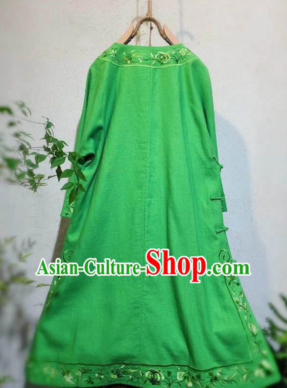 Chinese Traditional Embroidered Round Collar Cheongsam National Woman Clothing Green Flax Qipao Dress Chinese Traditional Embroidered Round Collar Cheongsam National Woman Clothing Green Flax Qipao Dress