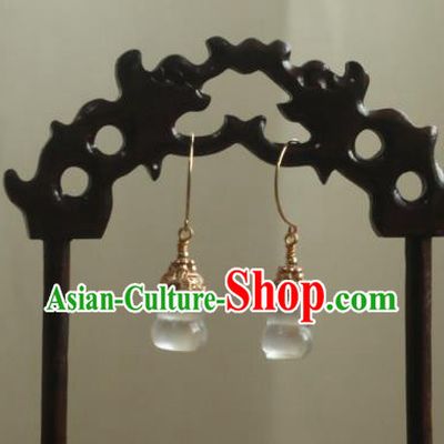 China Ancient Palace Lady Gourd Ear Jewelry Traditional Qing Dynasty Princess White Chalcedony Earrings