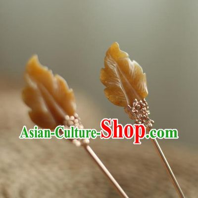 Chinese Handmade Yellow Jade Leaf Hairpin Traditional Hanfu Hair Accessories Ancient Princess Hair Clip
