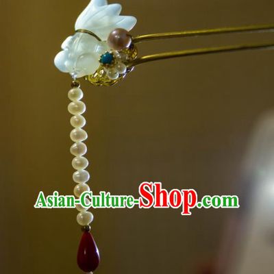 Chinese Ancient Princess Jade Goldfish Hair Stick Handmade Pearls Tassel Hairpin Traditional Hanfu Hair Accessories