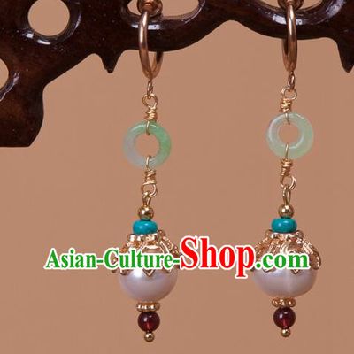 China Traditional Qing Dynasty Court Pearl Earrings Ancient Princess Jade Garnet Ear Jewelry