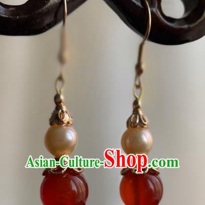China Traditional Agate Earrings Ancient Qing Dynasty Court Pearl Ear Jewelry