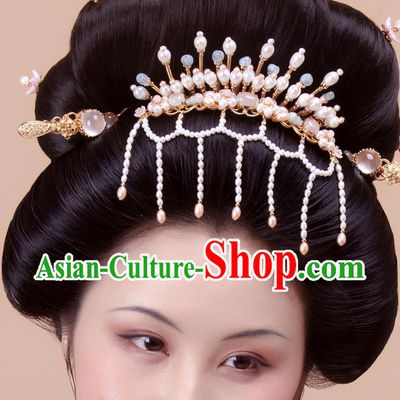 Chinese Handmade Golden Hairpin Traditional Tang Dynasty Empress Pearls Tassel Hair Comb