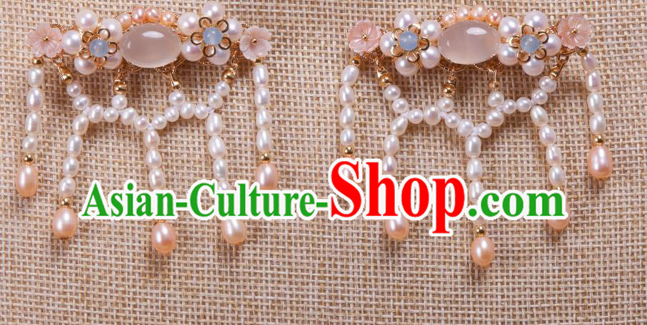 Chinese Handmade Chalcedony Hairpin Traditional Ming Dynasty Princess Pearls Tassel Hair Comb Chinese Handmade Chalcedony Hairpin Traditional Ming Dynasty Princess Pearls Tassel Hair Comb