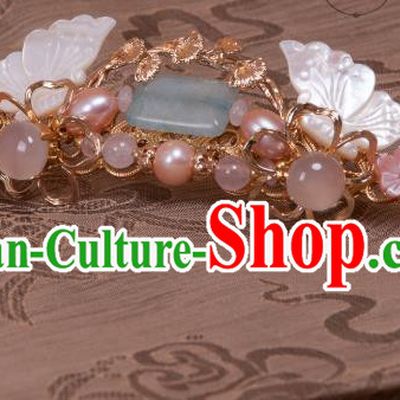 Chinese Handmade Pearls Hairpin Traditional Ming Dynasty Princess Shell Butterfly Hair Crown