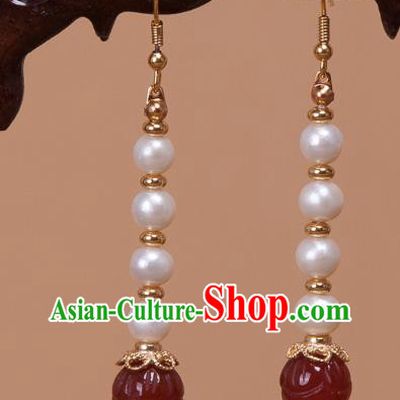 China Traditional Pearls Earrings Ancient Tang Dynasty Palace Lady Agate Lotus Ear Jewelry