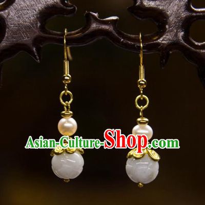 China Traditional Jade Carving Lotus Earrings Ancient Ming Dynasty Pearl Golden Ear Jewelry