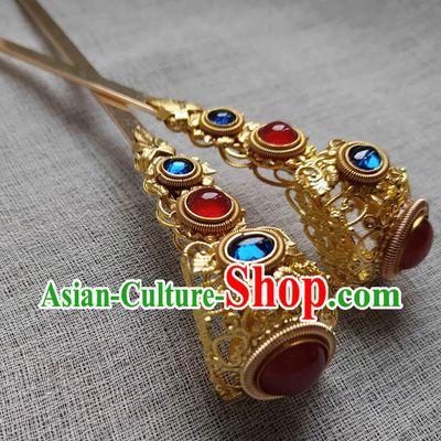 Chinese Handmade Ancient Gems Hairpin Traditional Ming Dynasty Empress Golden Hair Stick