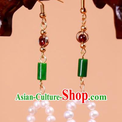 China Traditional Cheongsam Pearls Earrings Ancient Princess Jade Ear Jewelry