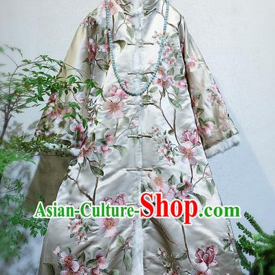 China National Embroidered Peach Blossom Outer Wear Traditional Argent Silk Dust Coat Tang Suit Clothing