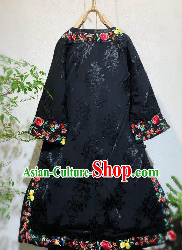 Chinese National Qipao Dress Traditional Embroidered Peony Black Silk Cheongsam Clothing Chinese National Qipao Dress Traditional Embroidered Peony Black Silk Cheongsam Clothing