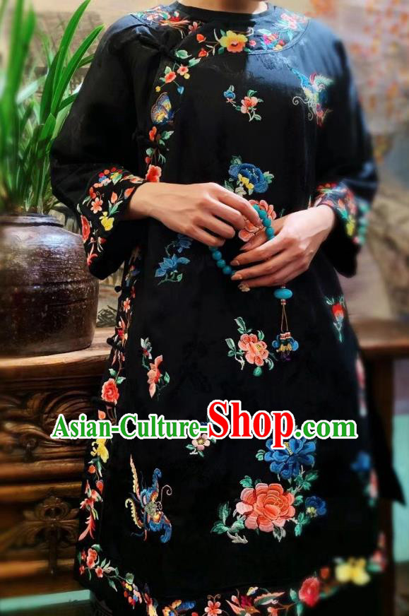 Chinese National Qipao Dress Traditional Embroidered Peony Black Silk Cheongsam Clothing Chinese National Qipao Dress Traditional Embroidered Peony Black Silk Cheongsam Clothing