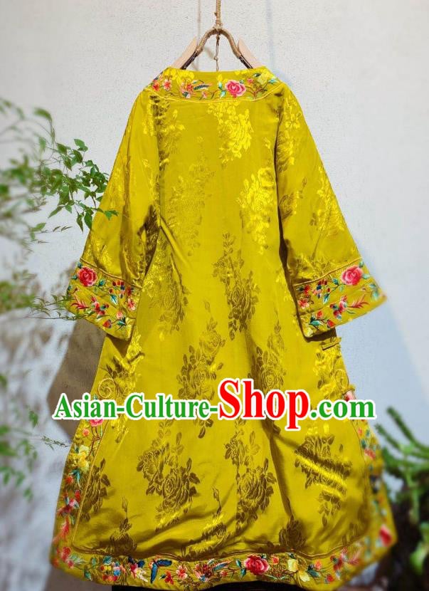 Chinese Traditional Qing Dynasty Embroidered Peony Cheongsam Clothing National Golden Silk Qipao Dress Chinese Traditional Qing Dynasty Embroidered Peony Cheongsam Clothing National Golden Silk Qipao Dress