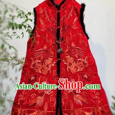 China National Winter Clothing Embroidered Red Silk Vest Tang Suit Cotton Padded Waistcoat