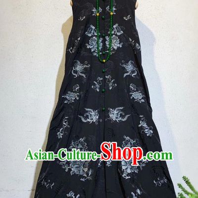 Chinese National Black Silk Qipao Dress Traditional Mandarin Long Cheongsam Clothing