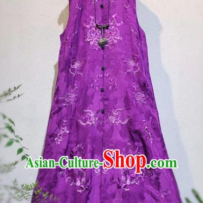 Chinese Purple Silk Qipao Dress Traditional Long Mandarin Cheongsam National Clothing