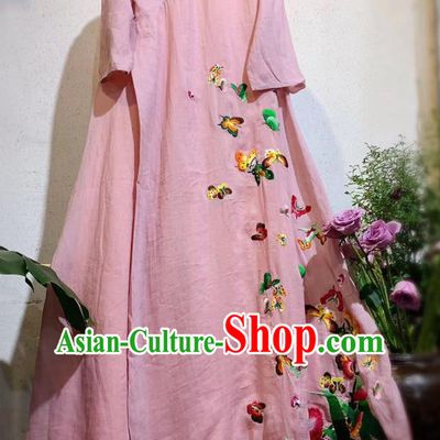 Chinese National Pink Flax Cheongsam Traditional Dress Clothing Embroidered Butterfly Qipao