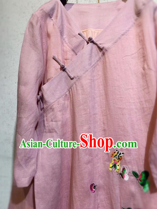 Chinese National Pink Flax Cheongsam Traditional Dress Clothing Embroidered Butterfly Qipao Chinese National Pink Flax Cheongsam Traditional Dress Clothing Embroidered Butterfly Qipao