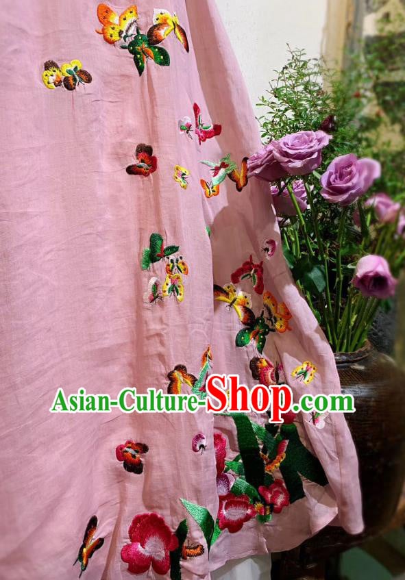 Chinese National Pink Flax Cheongsam Traditional Dress Clothing Embroidered Butterfly Qipao Chinese National Pink Flax Cheongsam Traditional Dress Clothing Embroidered Butterfly Qipao