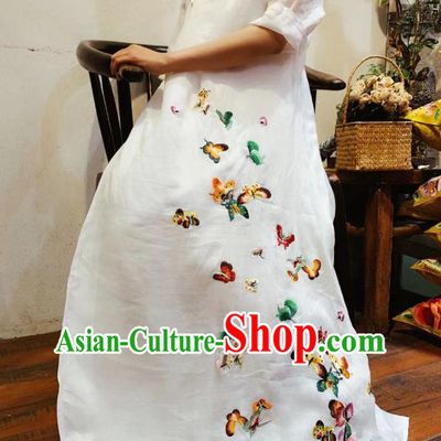 Chinese Embroidered Butterfly Qipao National White Flax Cheongsam Traditional Dress Clothing