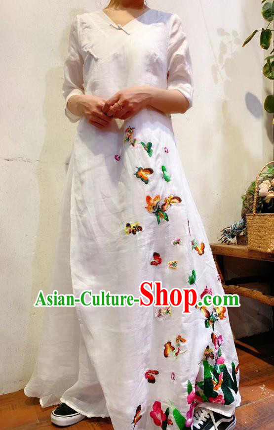 Chinese Embroidered Butterfly Qipao National White Flax Cheongsam Traditional Dress Clothing Chinese Embroidered Butterfly Qipao National White Flax Cheongsam Traditional Dress Clothing