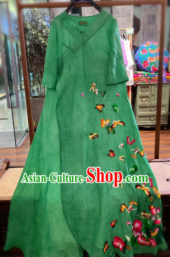 Chinese Traditional Dress Clothing Embroidered Butterfly Qipao National Green Flax Cheongsam Chinese Traditional Dress Clothing Embroidered Butterfly Qipao National Green Flax Cheongsam