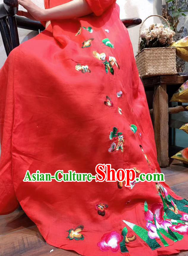 Chinese Traditional Clothing Embroidered Butterfly Long Qipao Dress National Red Flax Cheongsam Chinese Traditional Clothing Embroidered Butterfly Long Qipao Dress National Red Flax Cheongsam