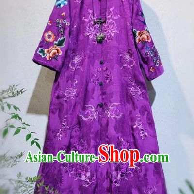 China Traditional Purple Silk Dust Coat Tang Suit Outer Garment Clothing National Embroidered Coat