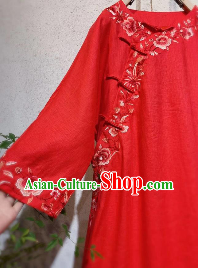 Chinese Embroidered Red Flax Qipao Dress Traditional Long Cheongsam National Clothing Chinese Embroidered Red Flax Qipao Dress Traditional Long Cheongsam National Clothing