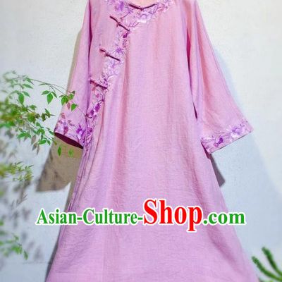 Chinese Traditional Long Cheongsam National Woman Clothing Embroidered Pink Flax Qipao Dress