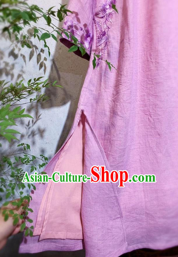Chinese Traditional Long Cheongsam National Woman Clothing Embroidered Pink Flax Qipao Dress Chinese Traditional Long Cheongsam National Woman Clothing Embroidered Pink Flax Qipao Dress
