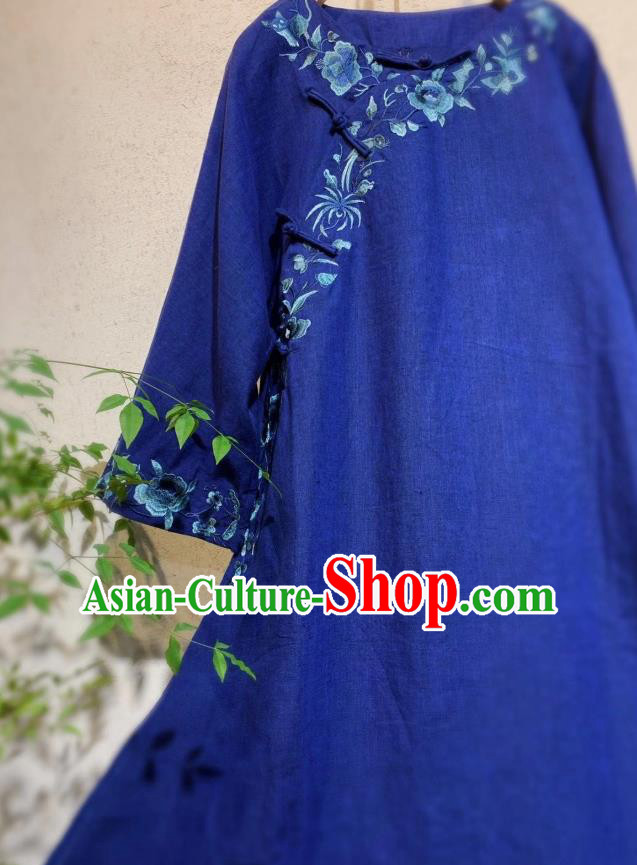 Chinese National Woman Clothing Embroidered Deep Blue Flax Qipao Dress Traditional Long Cheongsam Chinese National Woman Clothing Embroidered Deep Blue Flax Qipao Dress Traditional Long Cheongsam