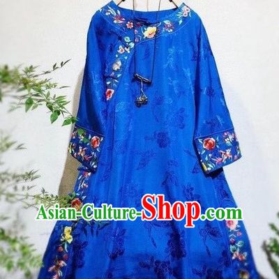 Chinese Mandarin Qipao Dress Traditional Royalblue Silk Cheongsam National Embroidered Clothing