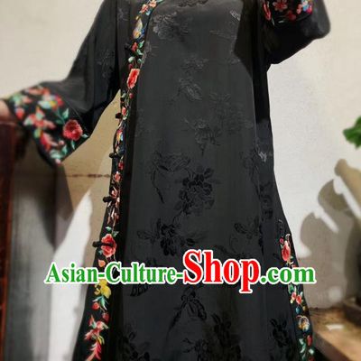 Chinese Traditional Black Silk Cheongsam National Embroidered Mandarin Qipao Dress Clothing