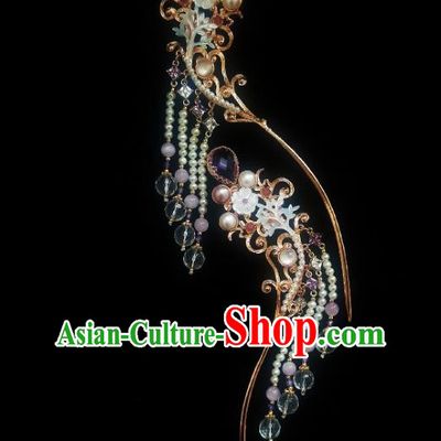 Chinese Handmade Ancient Princess Pearls Tassel Hairpin Traditional Ming Dynasty Zircon Hair Stick