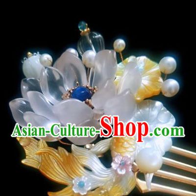 Chinese Handmade Shell Hairpin Traditional Ming Dynasty Lotus Goldfish Hair Comb