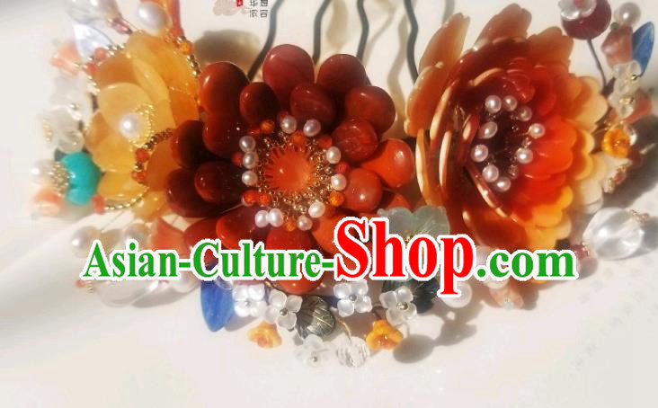 Chinese Handmade Pearls Hair Comb Traditional Ming Dynasty Princess Red Peony Hair Crown Chinese Handmade Pearls Hair Comb Traditional Ming Dynasty Princess Red Peony Hair Crown