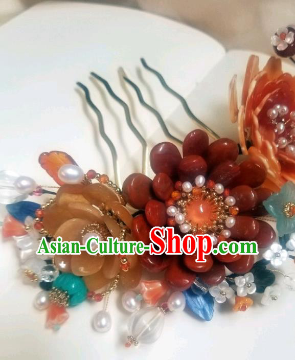 Chinese Handmade Pearls Hair Comb Traditional Ming Dynasty Princess Red Peony Hair Crown Chinese Handmade Pearls Hair Comb Traditional Ming Dynasty Princess Red Peony Hair Crown